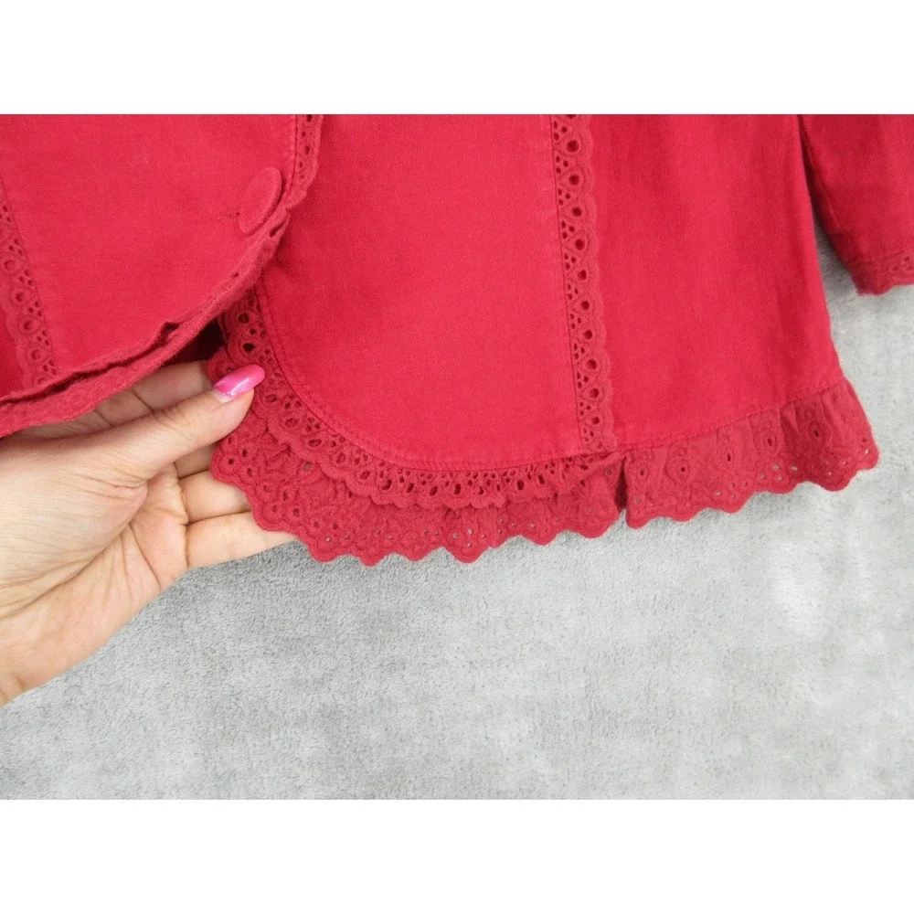 Per Una Jacket‎ Womens 10 Linen Eyelet Lace Trim Ruffle Blazer Office Career Red
